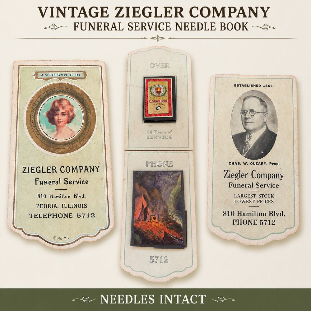 Funeral Home Advertising Needle Book Vintage Ziegler Co Peoria IL Needles Intact